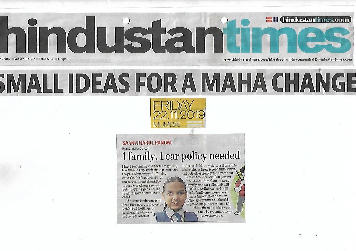 Sanvi Pandya’s Small ideas for a Maha change was featured in Hindustan Times was featured in Hindustan Times